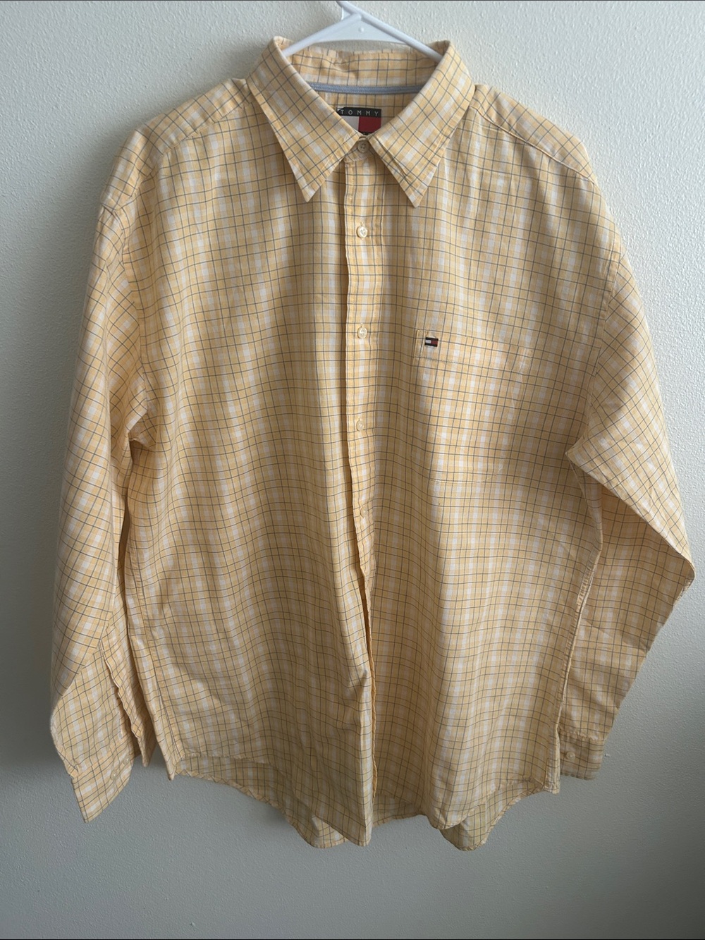 Sharp Tommy Hilfiger Yellow/Blue Plaid Button-Down Long Sleeve Cotton Shirt: L